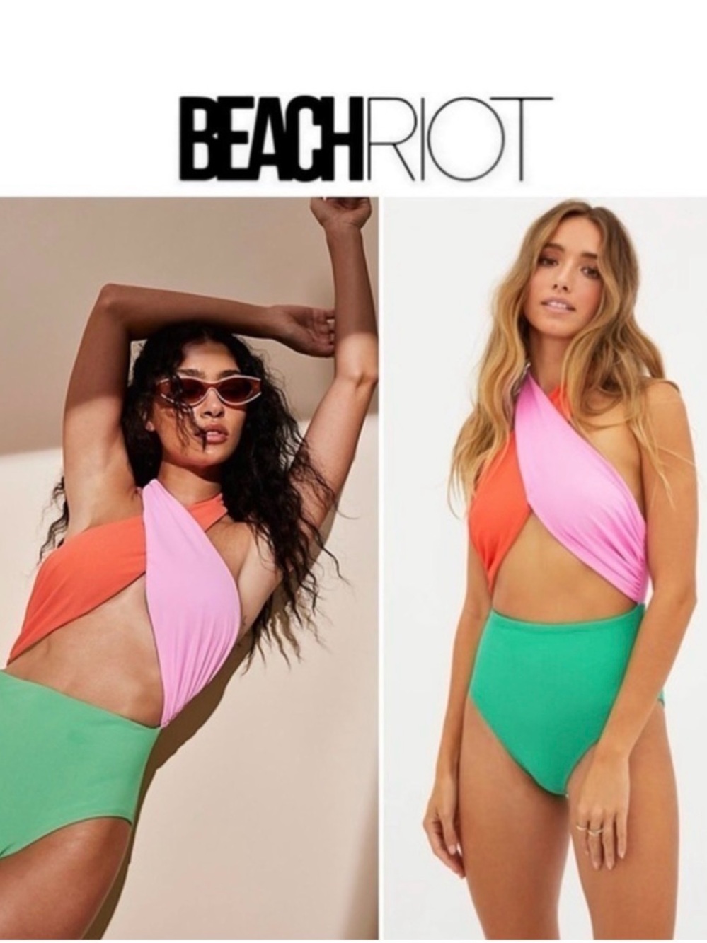 NWT Beach Riot Colorblock Twist One-Piece Swimsuit in Pink, Orange & Green